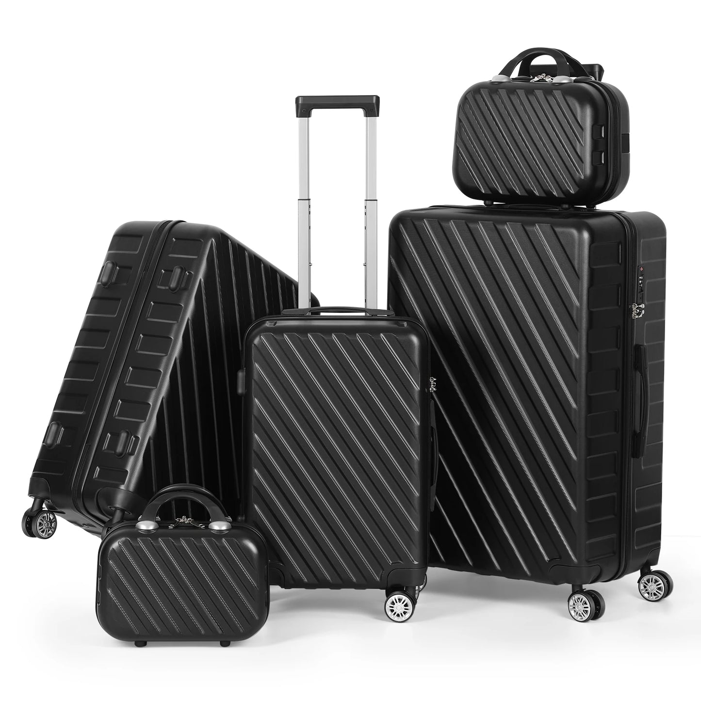 "Premium 5-Piece Black Luggage Set with Silent Spinner Wheels - Perfect for Family Travel!"