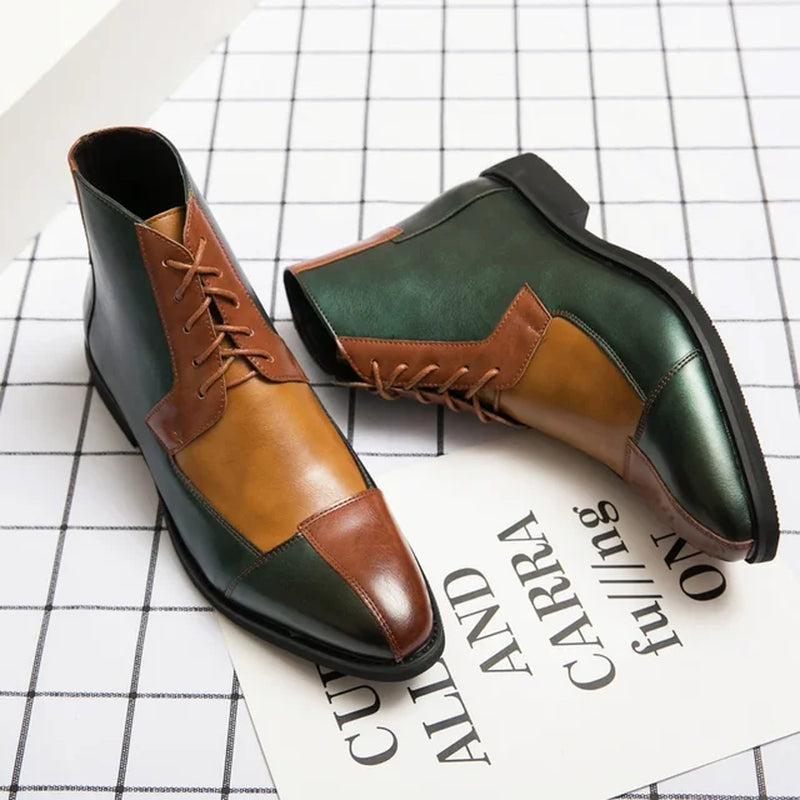 Ankle Boots for Men Dress Shoes Mixed Colors Handmade Lace up Motorcycle Boots Pu Leather Men Shoes Botas Hombre