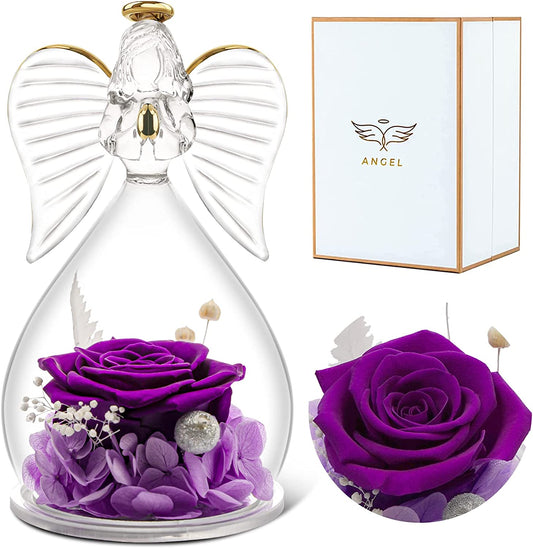 Mom Gifts for Mothers Day Rose Flower in Glass Angel Figurines Gifts for Women Grandma, Guardian Angel with Preserved Forever Real Rose Gifts for Valentine Day Mothers Day (Purple-2)