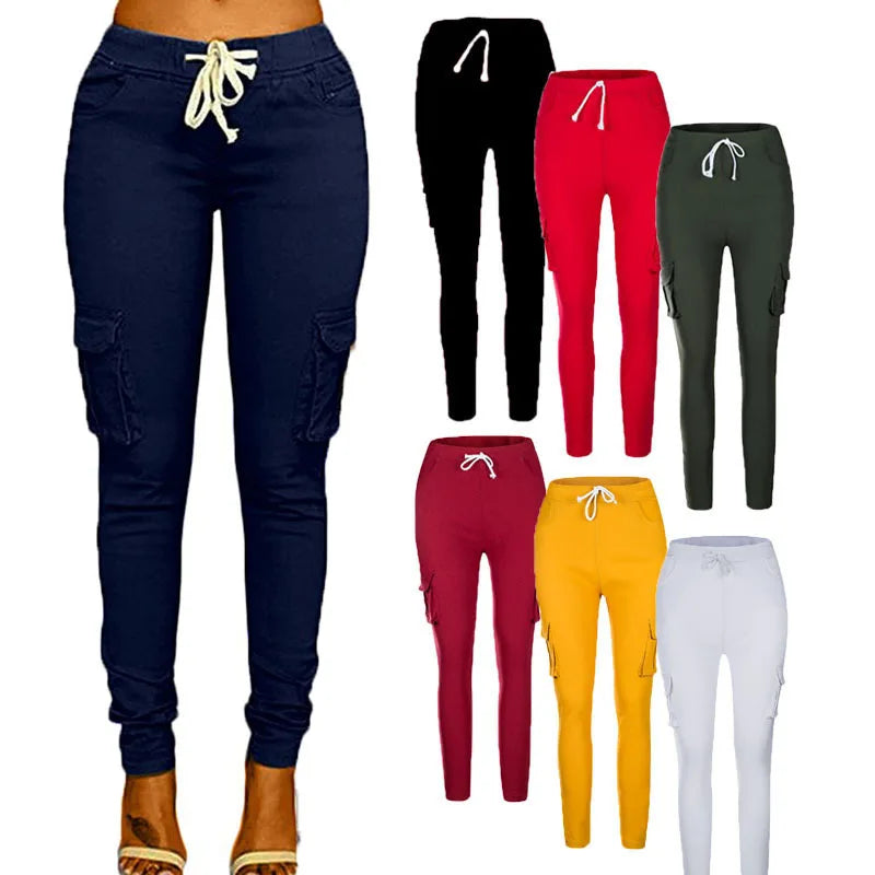 Lace Up Waist Casual Women Pants Solid Pencil Pants Multi-Pockets Straight Slim Fit Trousers S-2XL