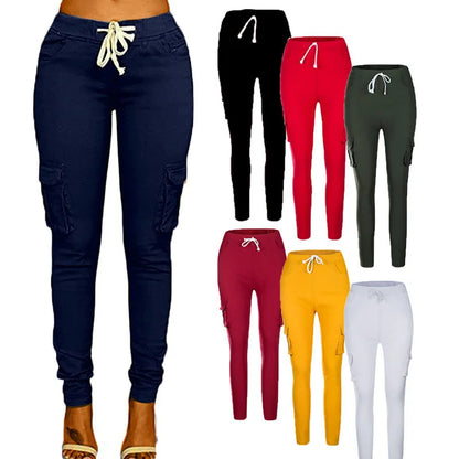 Lace Up Waist Casual Women Pants Solid Pencil Pants Multi-Pockets Straight Slim Fit Trousers S-2XL