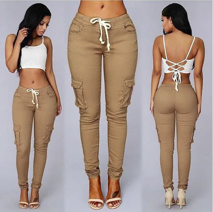 Lace Up Waist Casual Women Pants Solid Pencil Pants Multi-Pockets Straight Slim Fit Trousers S-2XL