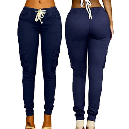 Lace Up Waist Casual Women Pants Solid Pencil Pants Multi-Pockets Straight Slim Fit Trousers S-2XL