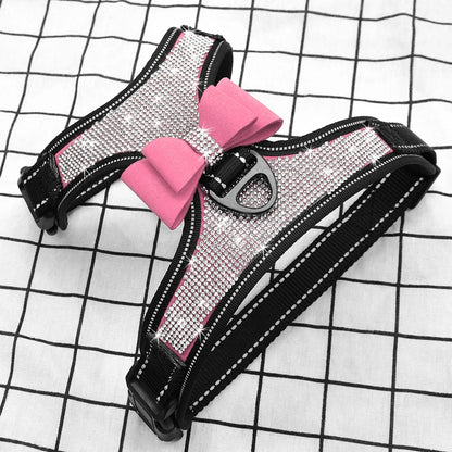 Reflective Dog Harness Nylon Pitbull Pug Small Medium Dogs Harnesses Vest Bling Rhinestone Bowknot Dog Accessories Pet Supplies