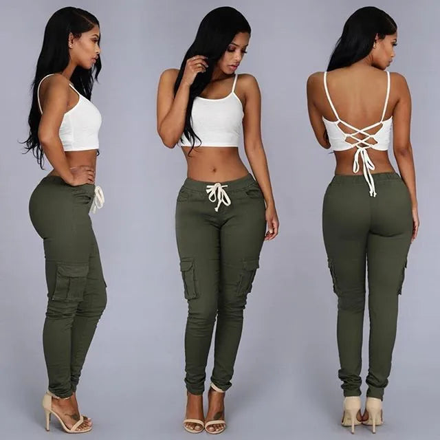 Lace Up Waist Casual Women Pants Solid Pencil Pants Multi-Pockets Straight Slim Fit Trousers S-2XL