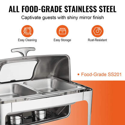 Roll-top Chafing Dish Buffet Set Stainless Steel Chafer w/2 Half Pans Rectangle Catering Warmer w/Lid Fuel Holder