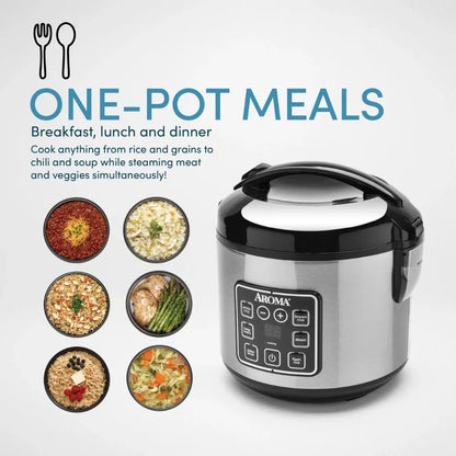 Aroma 8-Cup Programmable Rice & Grain Cooker, Steamer，What's Included Measuring Cup, Spatula, and Steaming Tray