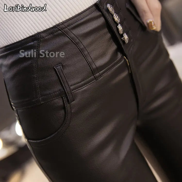 Women Pants  PU Leather Velvet Trousers Elastic Pencil Skinny pants Women's Tight pants