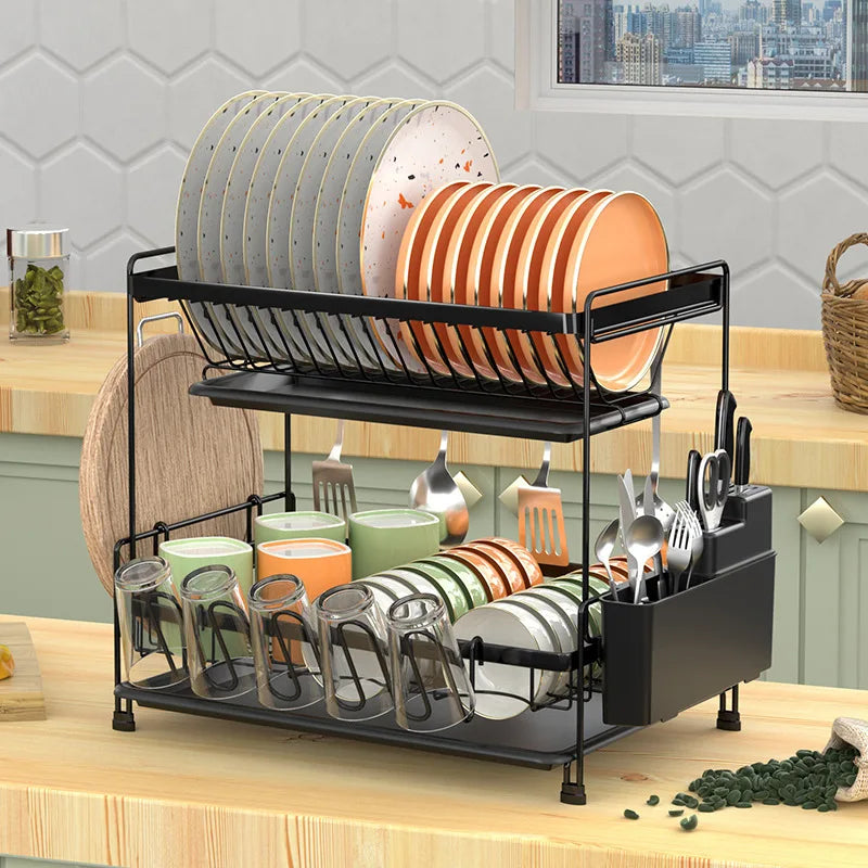 Metal Double-Layer Storage Rack Household Kitchen Countertops Collapsible Dishes and Dishes Drainage Rack Organizer