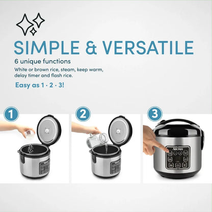 Aroma 8-Cup Programmable Rice & Grain Cooker, Steamer，What's Included Measuring Cup, Spatula, and Steaming Tray