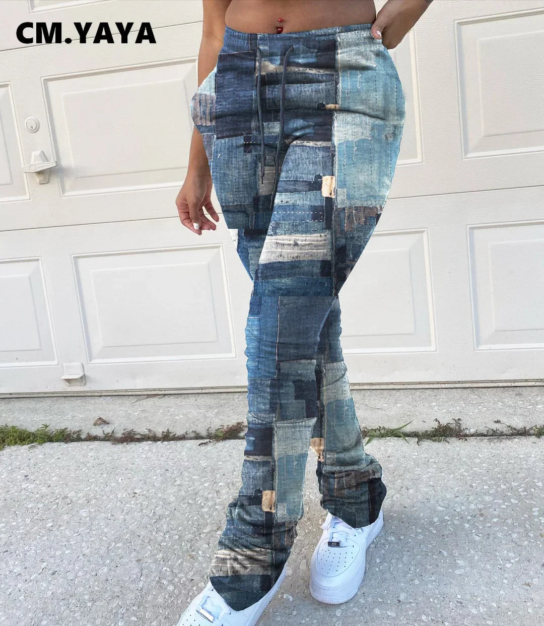 Fake Jeans Print Women Pants Legging High Waist Flare Bell Bottom Ruched Stack Trousers Draped Jogger Sweatpants