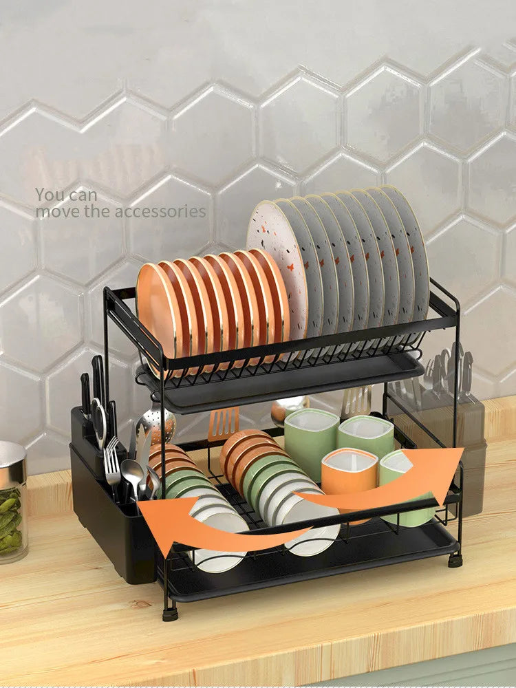 Metal Double-Layer Storage Rack Household Kitchen Countertops Collapsible Dishes and Dishes Drainage Rack Organizer