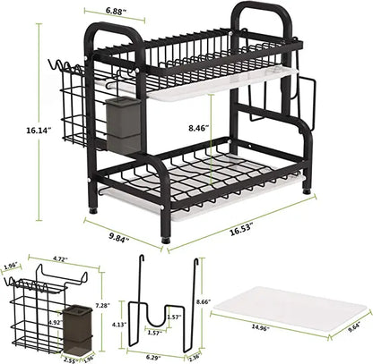 Dish Drying Rack 2-Tier Compact Kitchen Dish Rack Drainboard Set Large Rust-Proof Dish Drainer with Utensil Holder