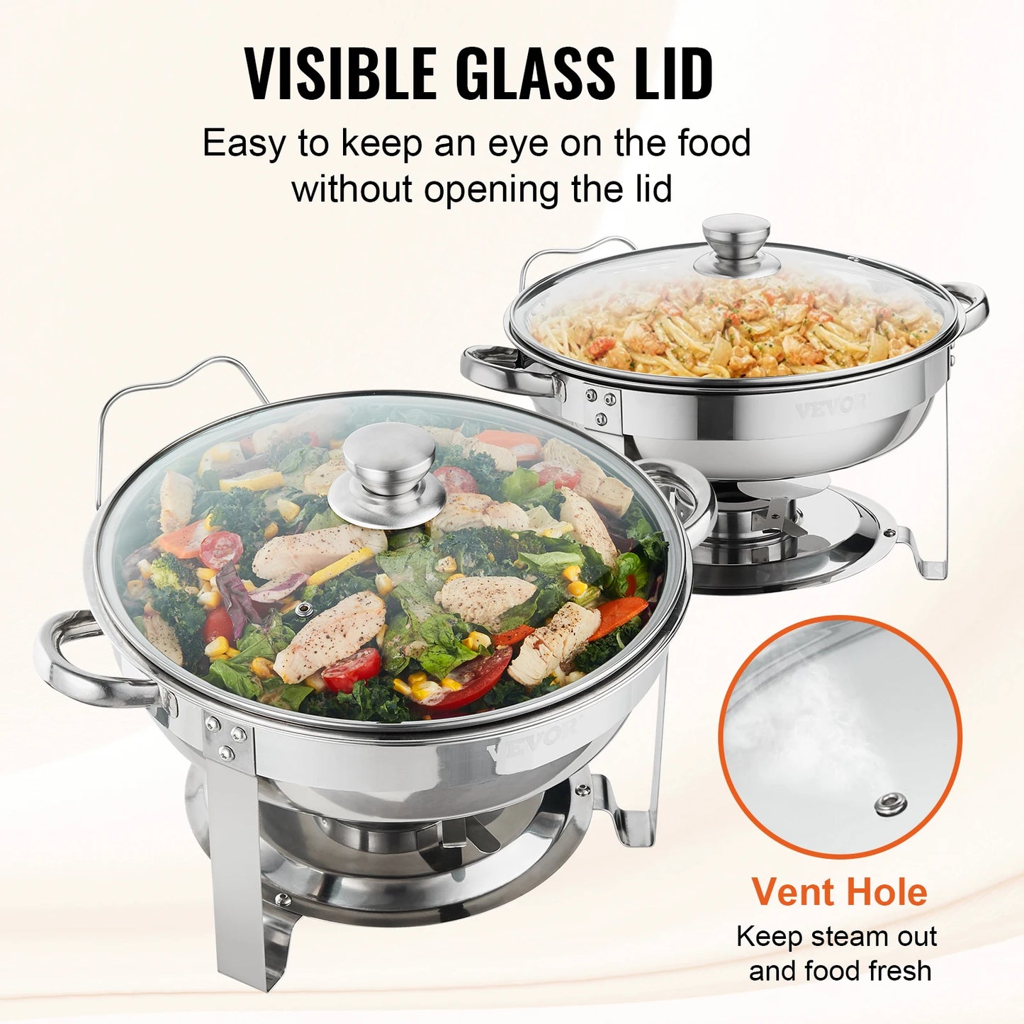 VEVOR 4QT 2-Pack Round Chafing Dish Set Stainless Steel Buffet Chafer with Full Size Pan Glass Lid  Fuel Holder Catering Warmer