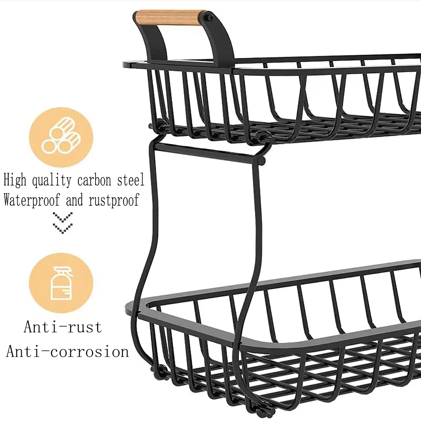 2 Tier Fruit Storage Basket Countertop for Kitchen, Vegetable Fruit Basket Stand Detachable Metal Wire Basket with Wooden Handle