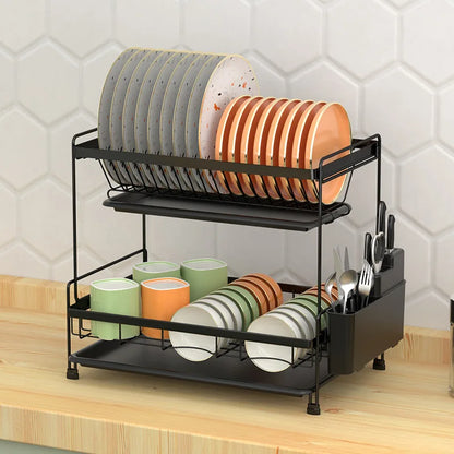 Metal Double-Layer Storage Rack Household Kitchen Countertops Collapsible Dishes and Dishes Drainage Rack Organizer