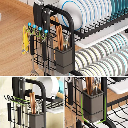 Dish Drying Rack 2-Tier Compact Kitchen Dish Rack Drainboard Set Large Rust-Proof Dish Drainer with Utensil Holder