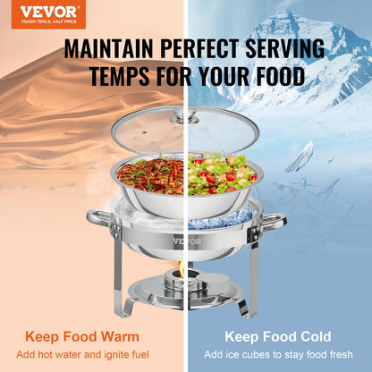 VEVOR 4QT 2-Pack Round Chafing Dish Set Stainless Steel Buffet Chafer with Full Size Pan Glass Lid  Fuel Holder Catering Warmer