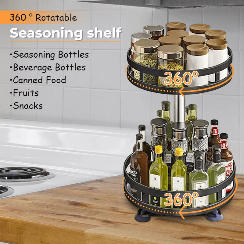 360°Kitchen Rotation Spice Rack Organizer Jar Cans For Kitchen Accessories Non-Skid Carbon Steel Storage Tray Seasonings