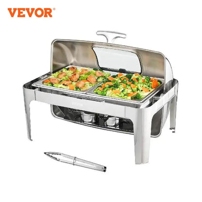 Roll-top Chafing Dish Buffet Set Stainless Steel Chafer w/2 Half Pans Rectangle Catering Warmer w/Lid Fuel Holder