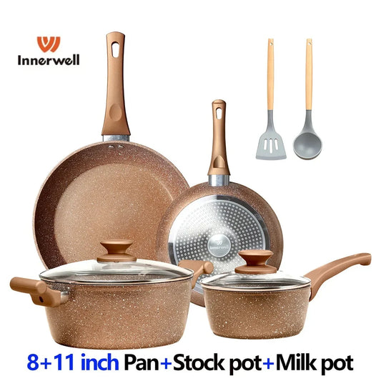 Innerwell Kitchen Frying Pan Stock Pot Milk Pot Cookware Sets with Lid Gold Nonstick Granite Stone Coated Skillet Cooking Pot