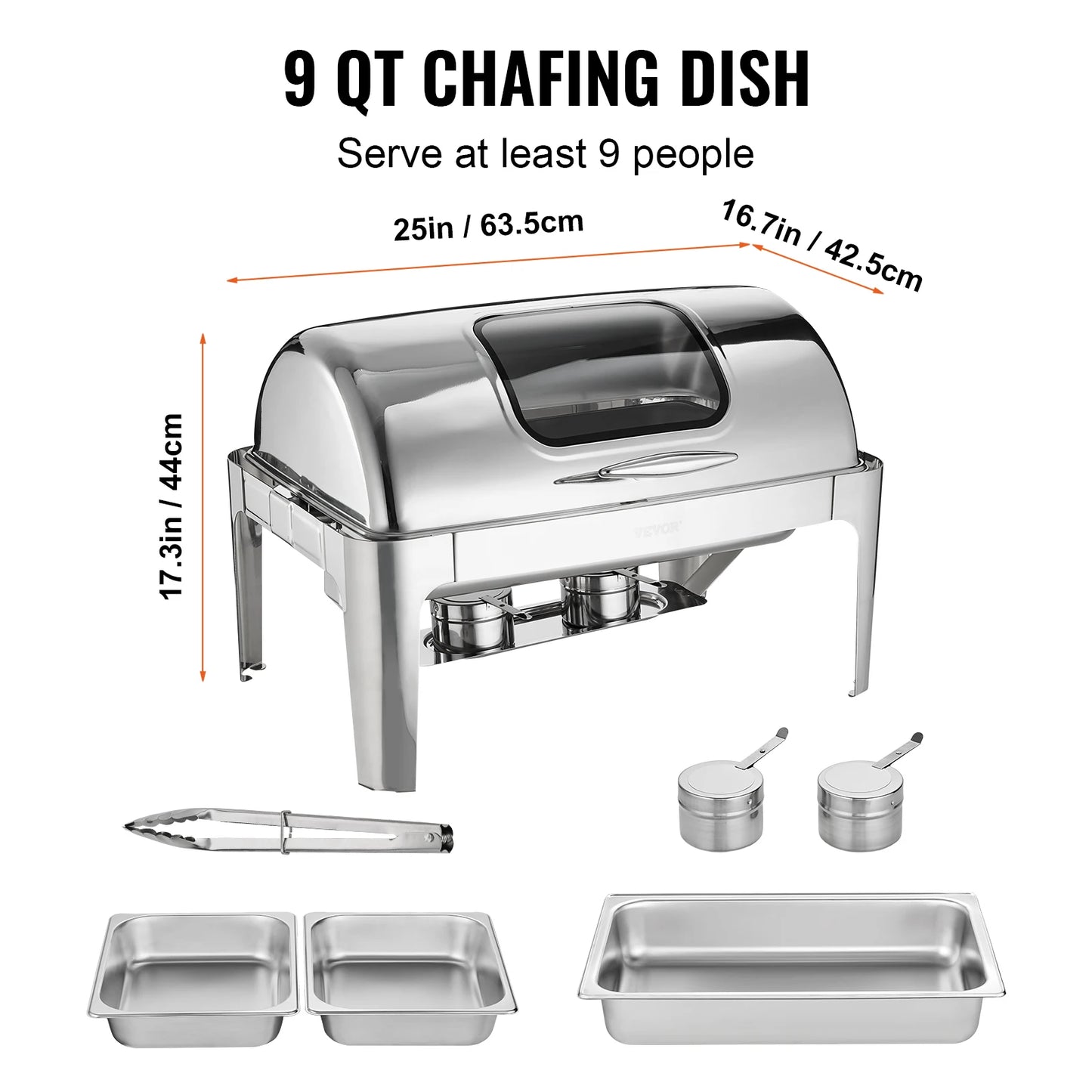 Roll-top Chafing Dish Buffet Set Stainless Steel Chafer w/2 Half Pans Rectangle Catering Warmer w/Lid Fuel Holder