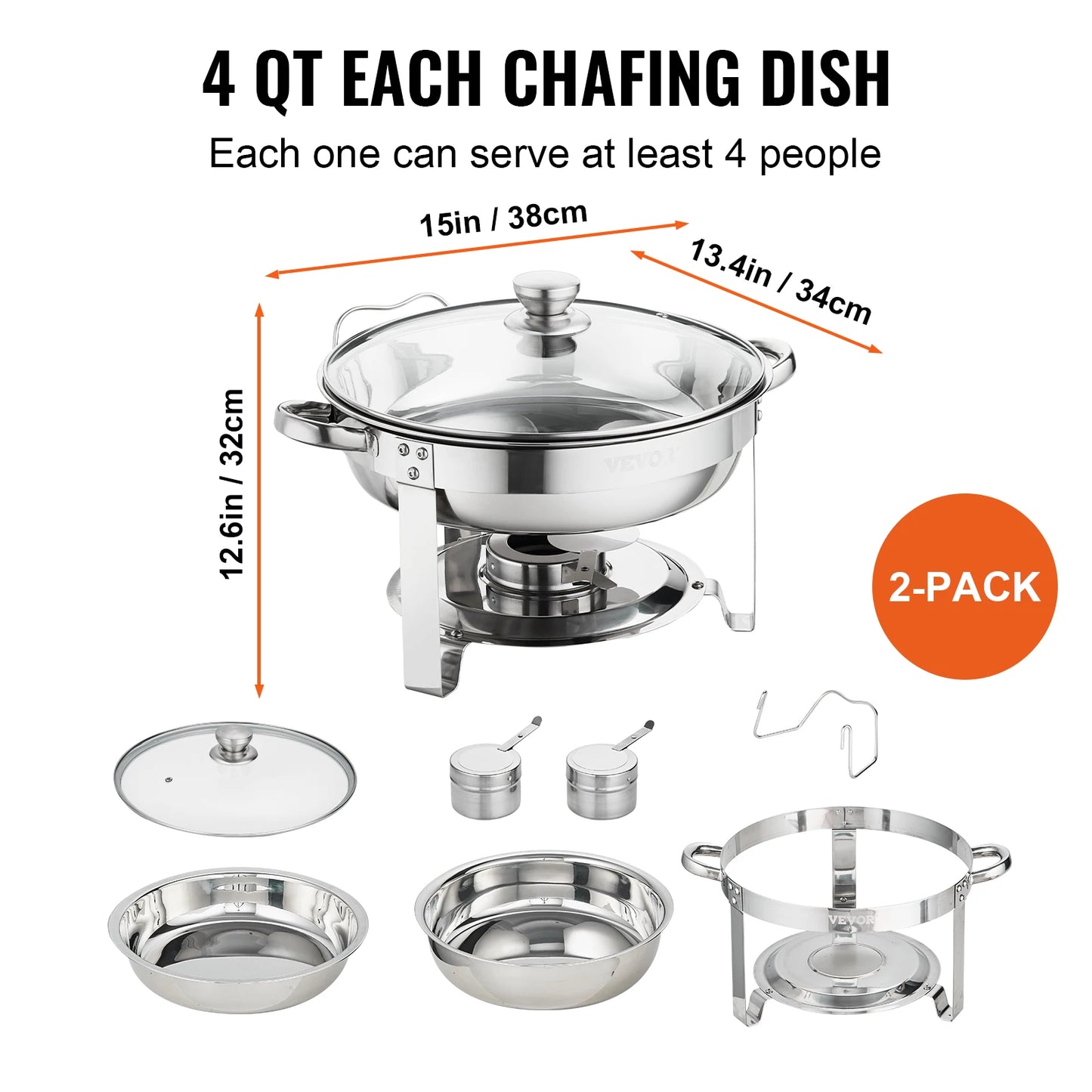 VEVOR 4QT 2-Pack Round Chafing Dish Set Stainless Steel Buffet Chafer with Full Size Pan Glass Lid  Fuel Holder Catering Warmer