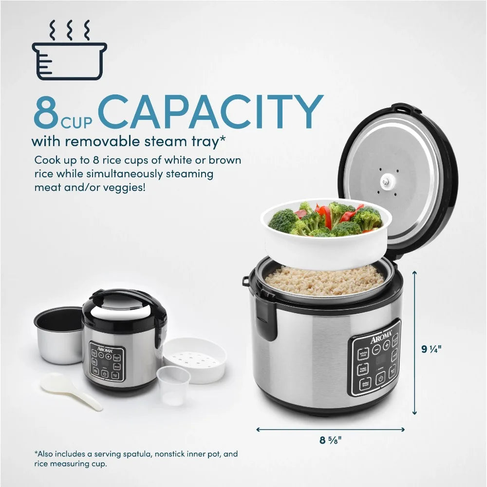 Aroma 8-Cup Programmable Rice & Grain Cooker, Steamer，What's Included Measuring Cup, Spatula, and Steaming Tray