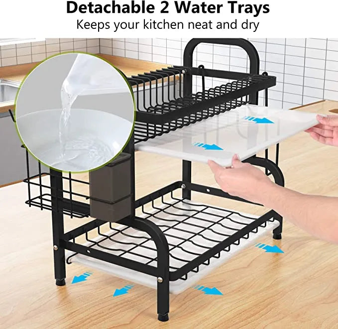 Dish Drying Rack 2-Tier Compact Kitchen Dish Rack Drainboard Set Large Rust-Proof Dish Drainer with Utensil Holder