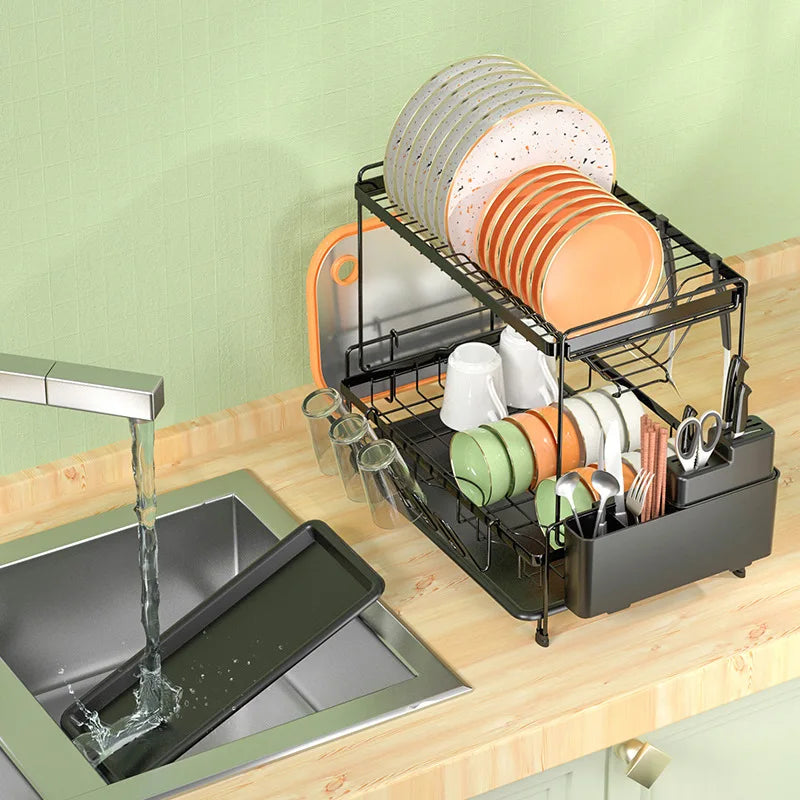 Metal Double-Layer Storage Rack Household Kitchen Countertops Collapsible Dishes and Dishes Drainage Rack Organizer