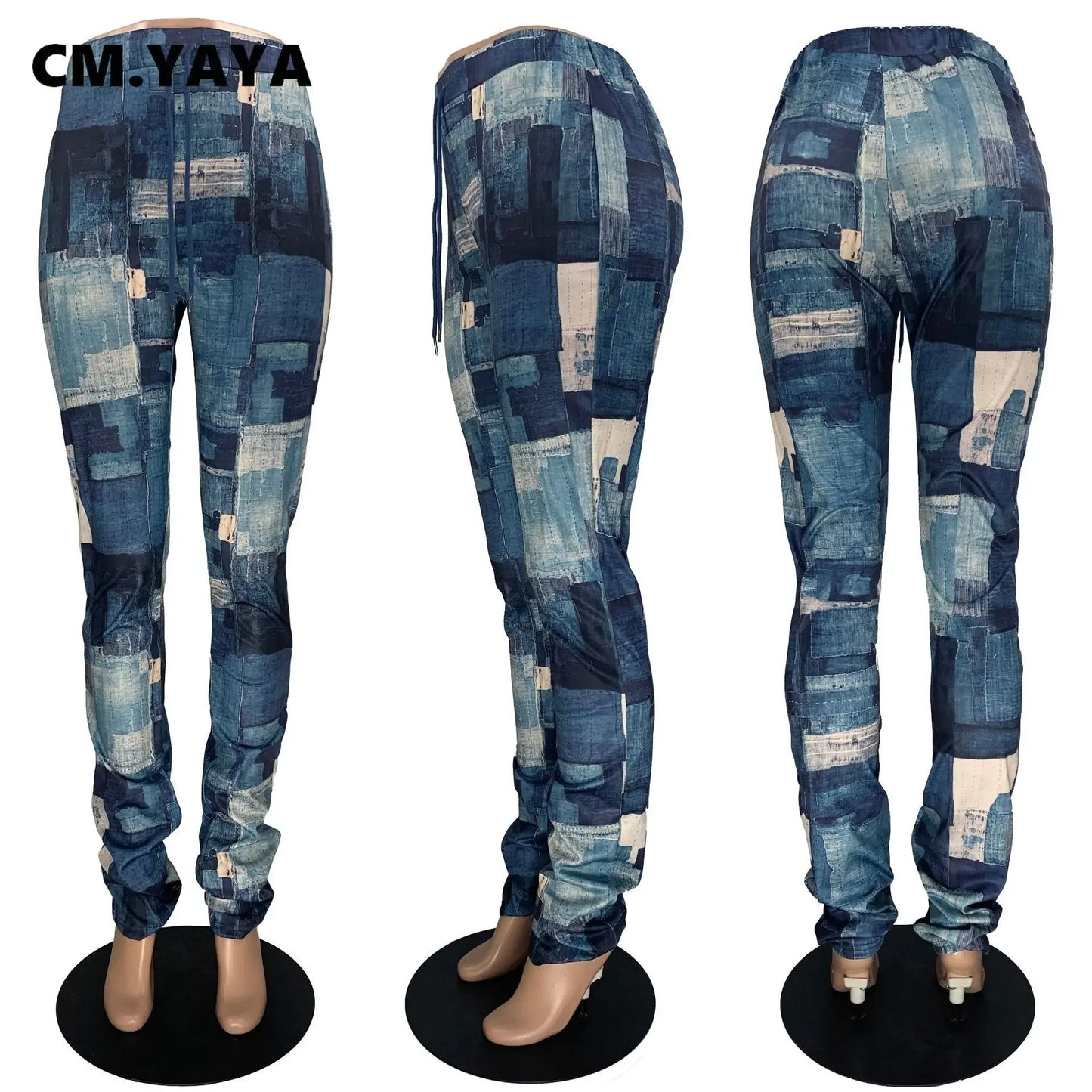 Fake Jeans Print Women Pants Legging High Waist Flare Bell Bottom Ruched Stack Trousers Draped Jogger Sweatpants