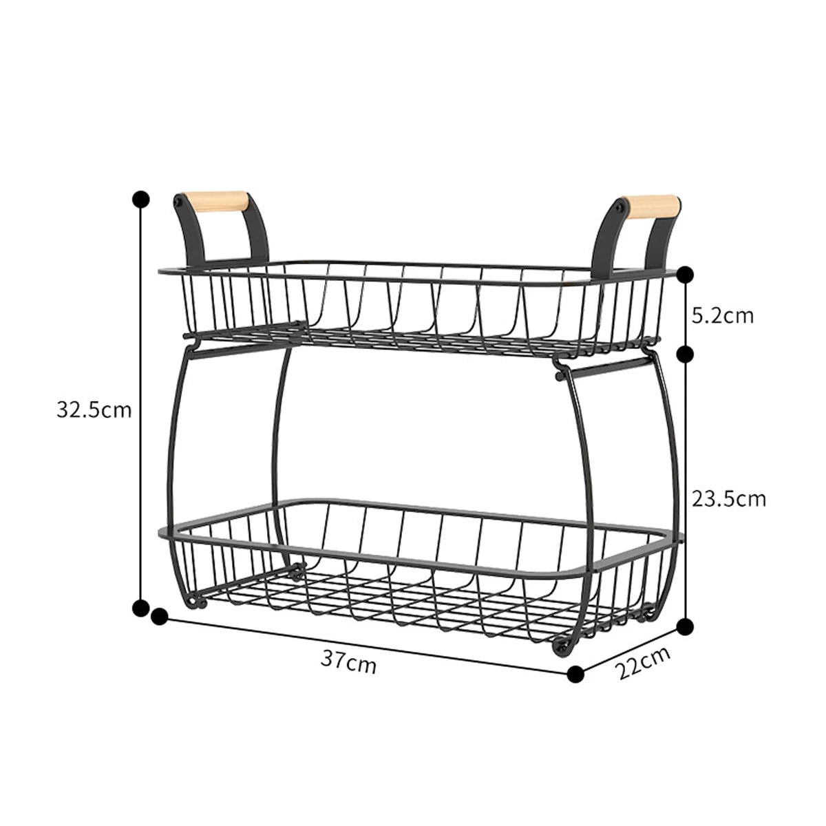 2 Tier Fruit Storage Basket Countertop for Kitchen, Vegetable Fruit Basket Stand Detachable Metal Wire Basket with Wooden Handle