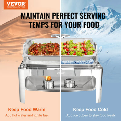 Roll-top Chafing Dish Buffet Set Stainless Steel Chafer w/2 Half Pans Rectangle Catering Warmer w/Lid Fuel Holder