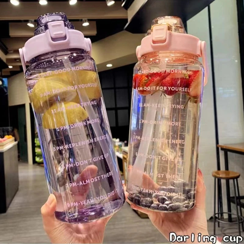 2 Litre Water Bottle with Straw Time Marker Outdoor Travel Sport Drinking Bottle for Kids Girls Summer Plastic Cup Kawaii Termos