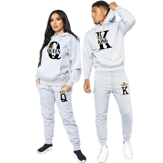 2024 New  Sweater Set KING QUEEN Loose Relaxed Hooded Print for Couple Set