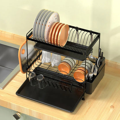 Metal Double-Layer Storage Rack Household Kitchen Countertops Collapsible Dishes and Dishes Drainage Rack Organizer