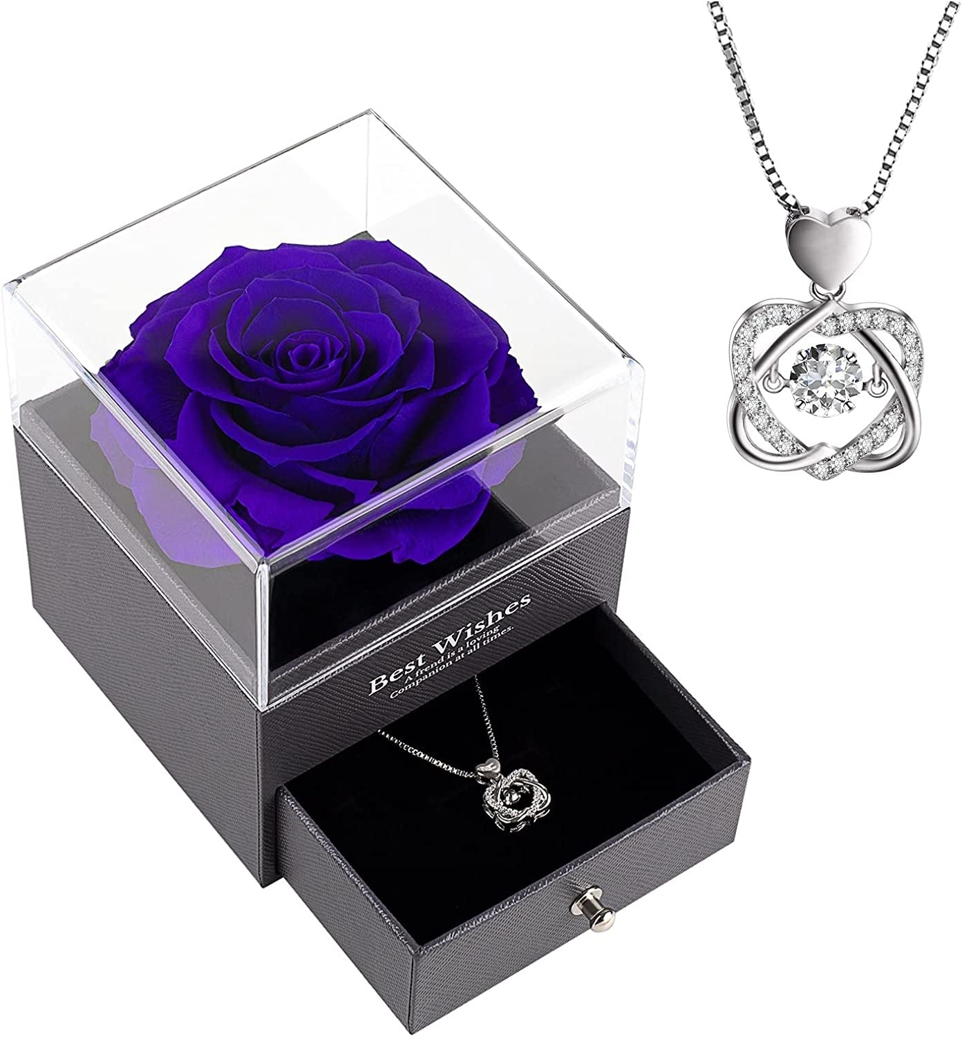 Preserved Real Rose with Necklace. Eternal Rose for Mom Wife Girlfriend Sister Ideas for Women on Mothers Day Birthday Anniversary Christmas Valentines Day (Royal Blue)