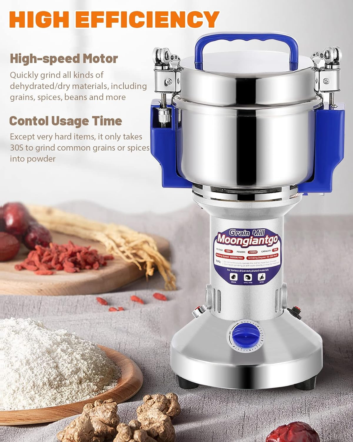 "High-Speed Electric Grain Mill and Spice Grinder - Stainless Steel, 500G Capacity"