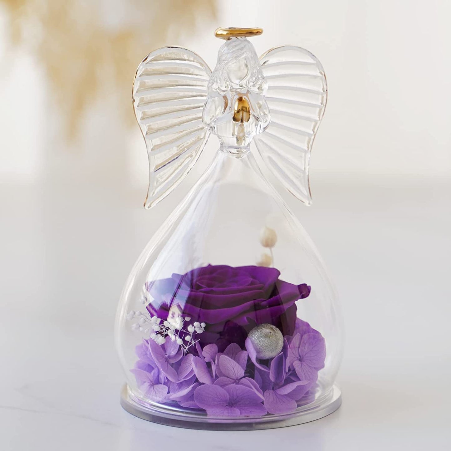 Mom Gifts for Mothers Day Rose Flower in Glass Angel Figurines Gifts for Women Grandma, Guardian Angel with Preserved Forever Real Rose Gifts for Valentine Day Mothers Day (Purple-2)