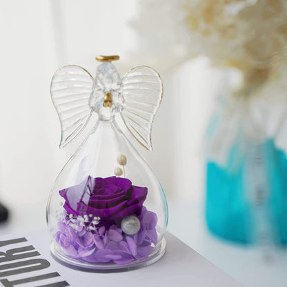 Mom Gifts for Mothers Day Rose Flower in Glass Angel Figurines Gifts for Women Grandma, Guardian Angel with Preserved Forever Real Rose Gifts for Valentine Day Mothers Day (Purple-2)