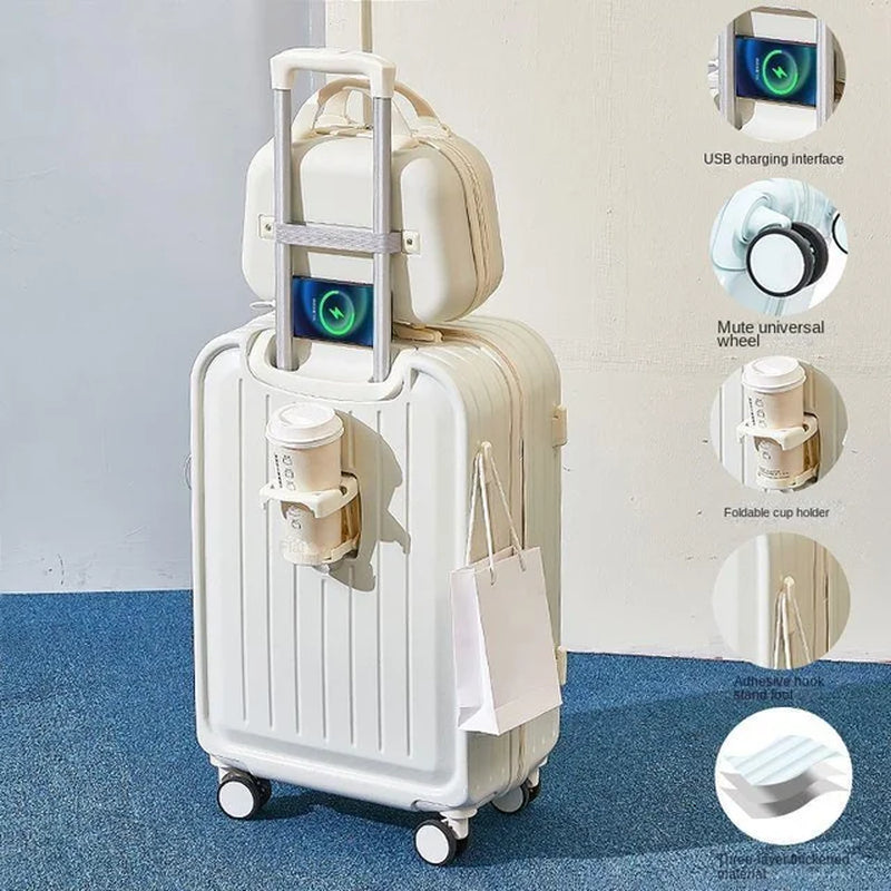 "2023 Ultimate Travel Companion: Combination Suitcase with USB Charging Port, Cup Holder, Large Capacity, Rugged Lockbox"