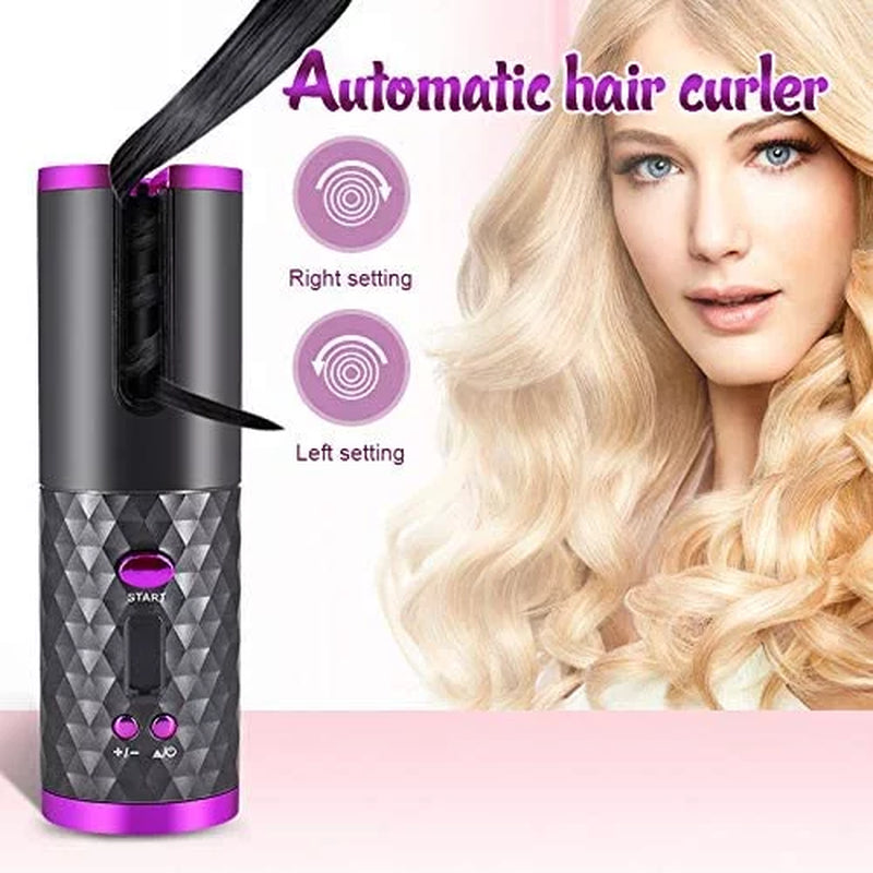 Hair Curler Automatic Cordless Curling Iron Wireless Hair Curler with LCD Temperature Display and Timer, Portable Rechargeable Ceramic Automatic Hair Curler Wand Fast Heating