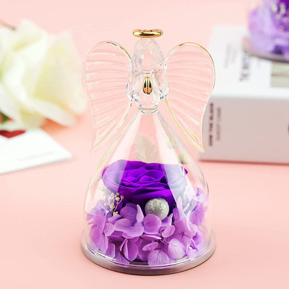 Mom Gifts for Mothers Day Rose Flower in Glass Angel Figurines Gifts for Women Grandma, Guardian Angel with Preserved Forever Real Rose Gifts for Valentine Day Mothers Day (Purple-2)