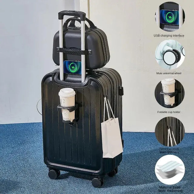 "2023 Ultimate Travel Companion: Combination Suitcase with USB Charging Port, Cup Holder, Large Capacity, Rugged Lockbox"