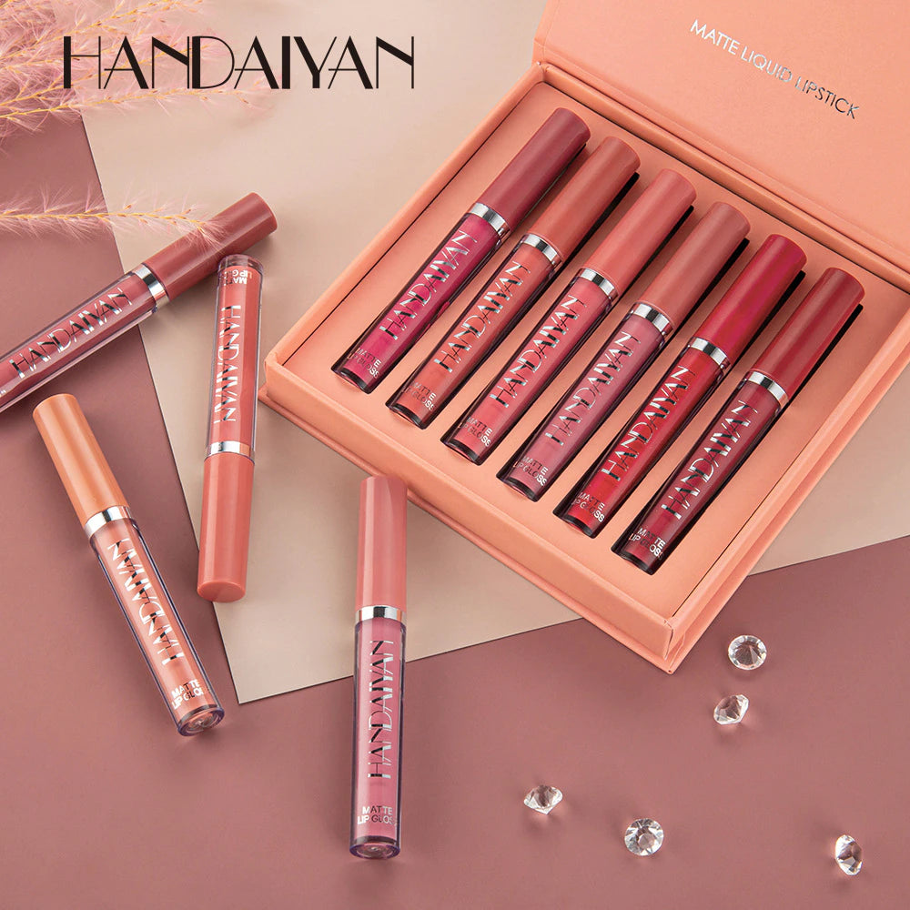 "Professional Beauty Cosmetic Kit: 6-Piece Set of Long-Lasting, Waterproof Velvet Matte Gloss Lipsticks in Red and Nude Shades"