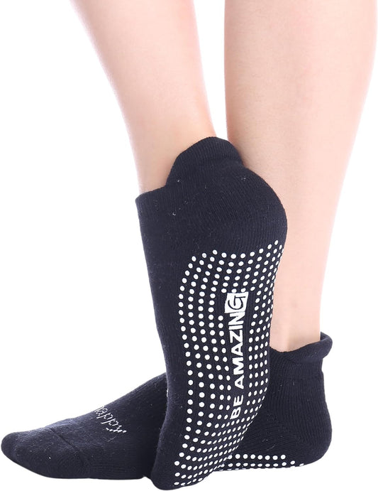 Non-Slip Socks Yoga Barre Pilates Hospital Maternity Sock W/Grips for Women Men 2-Pairs Black