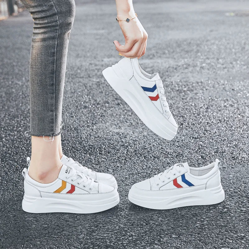 ZHR 2021 5CM Women Sneakers Genuine Leather White Shoes Casual Chunky Sneakers Female Thick Sole White Vulcanized Platform Shoes