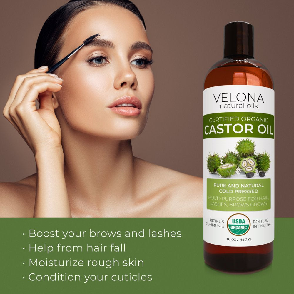 USDA Certified Organic Castor Oil - 16 Oz | for Hair Growth, Boost Eyelashes, Eyebrows | Cold Pressed, Natural Oil, USP Grade | Hexane Free, Lash Growth Serum, Caster