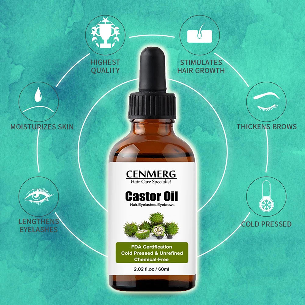 Organic Castor Oil 2.02Fl.Oz(60Ml) 100%Pure Cold Pressed Castor Oil Hair Growth Essential Oils Essence for Eyelashes/Eyebrows
