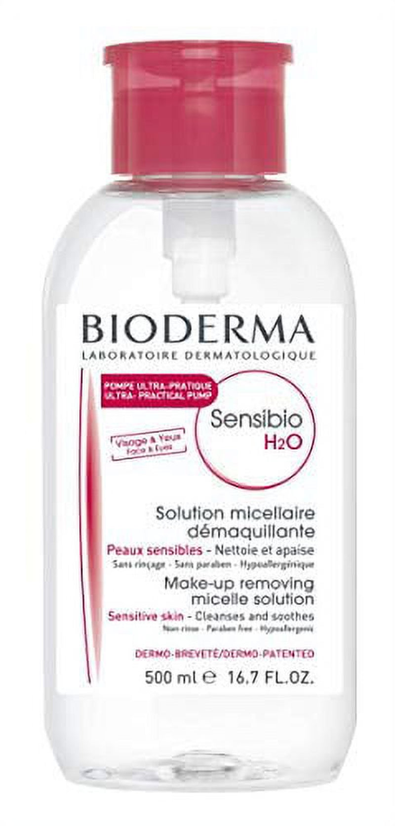 "Sensibio H2O Soothing Micellar Cleansing Water and Makeup Remover for Sensitive Skin - Face and Eyes - 16.7 Fl.Oz. with Convenient Reversed Pump"